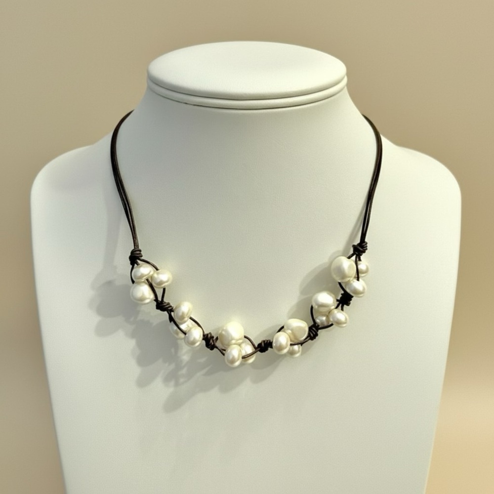 Pearl necklace w/ brown leather